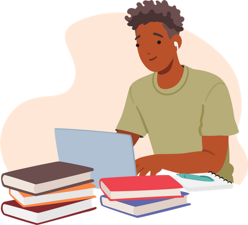 Junge sitzt am Schreibtisch mit Laptop, Papieren und Lehrbüchern  Illustration