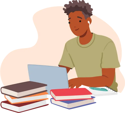 Junge sitzt am Schreibtisch mit Laptop, Papieren und Lehrbüchern  Illustration