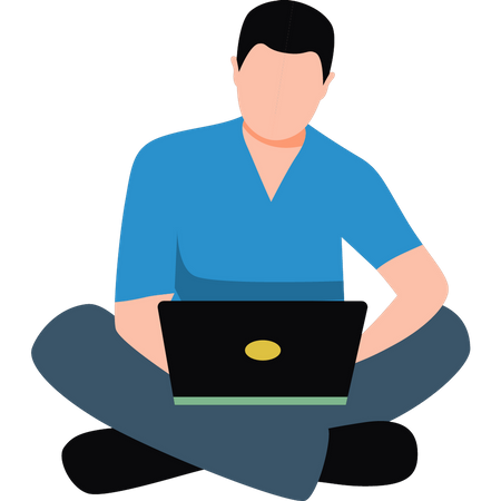 Junge sitzt auf dem Boden und arbeitet am Laptop  Illustration