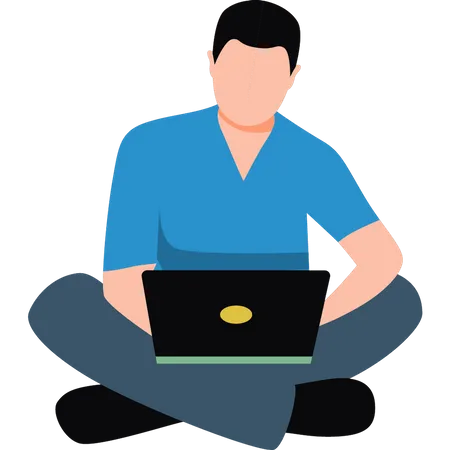 Junge sitzt auf dem Boden und arbeitet am Laptop  Illustration