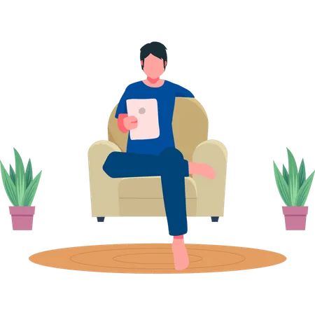 Junge sitzt mit Tab auf der Couch  Illustration