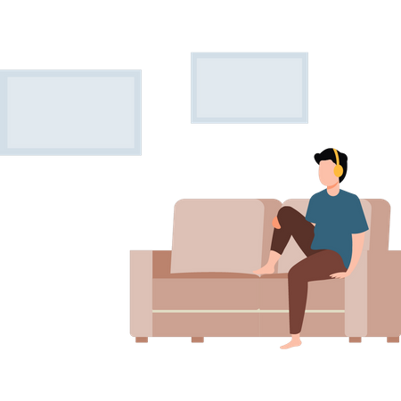 Junge sitzt auf der Couch mit Kopfhörern  Illustration