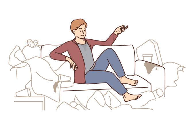 Junge sitzt auf schmutziger Couch  Illustration