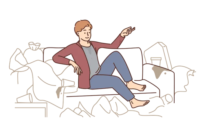 Junge sitzt auf schmutziger Couch  Illustration