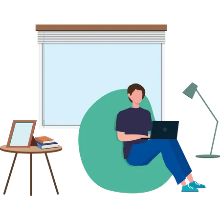 Junge sitzt auf dem Sofa und arbeitet am Laptop  Illustration