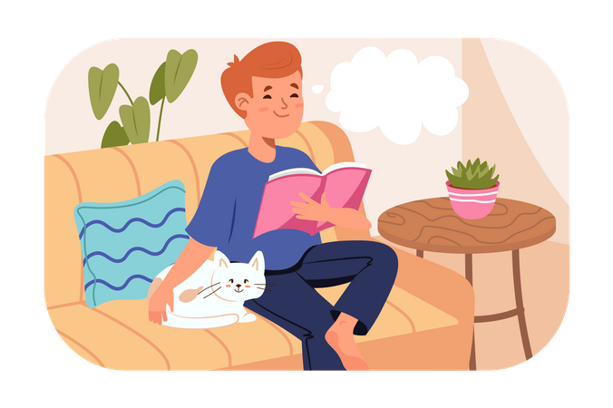 Junge sitzt mit Katze auf dem Sofa und liest Buch  Illustration