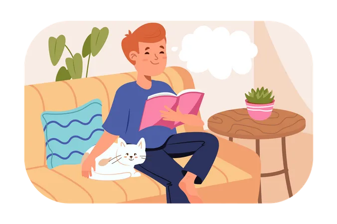 Junge sitzt mit Katze auf dem Sofa und liest Buch  Illustration