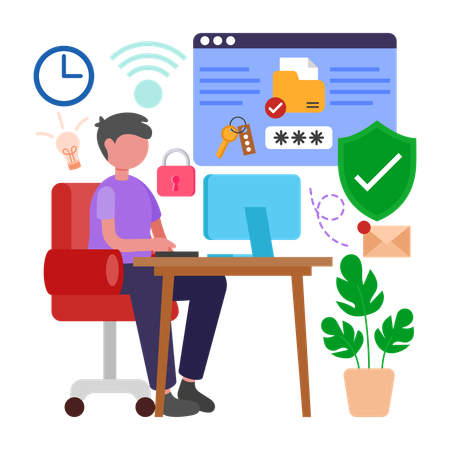Junge Sorgen Sie für digitale Sicherheit am Arbeitsplatz  Illustration