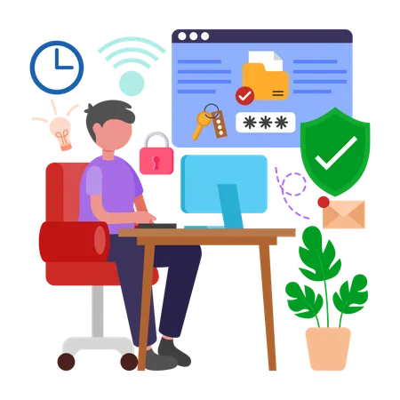 Junge Sorgen Sie für digitale Sicherheit am Arbeitsplatz  Illustration