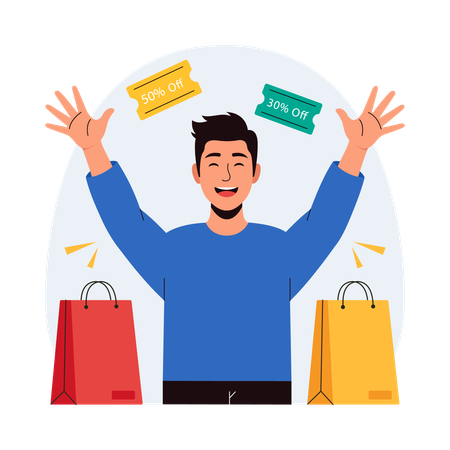 Junge spart beim Einkaufen viel Rabatt  Illustration