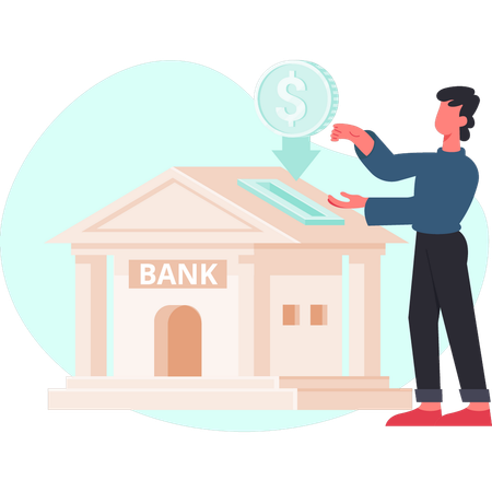 Junge spart Geld auf der Bank  Illustration