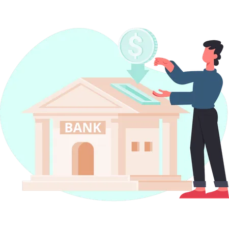 Junge spart Geld auf der Bank  Illustration