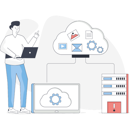 Junge speichert Daten in der Cloud  Illustration