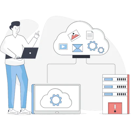Junge speichert Daten in der Cloud  Illustration