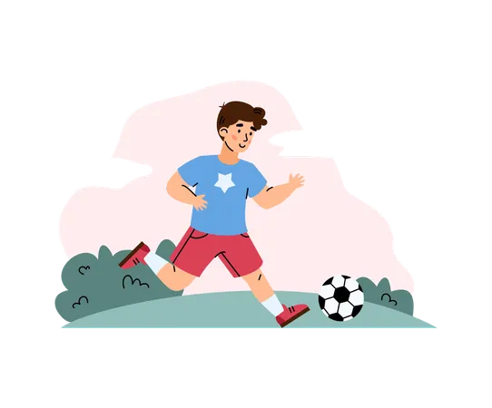 Junge spielt Fußball im Freien  Illustration