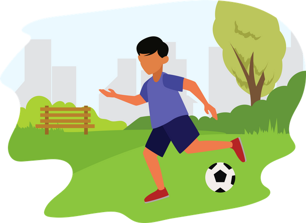 Junge spielt Fußball im park  Illustration