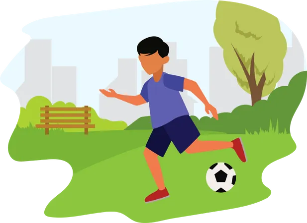 Junge spielt Fußball im park  Illustration