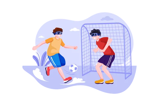 Junge spielt Fußball mit VR-Technologie  Illustration