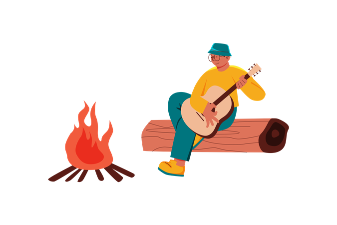 Jungen spielen Gitarre beim Camping  Illustration