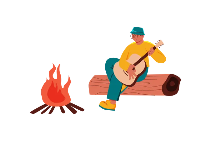 Jungen spielen Gitarre beim Camping  Illustration