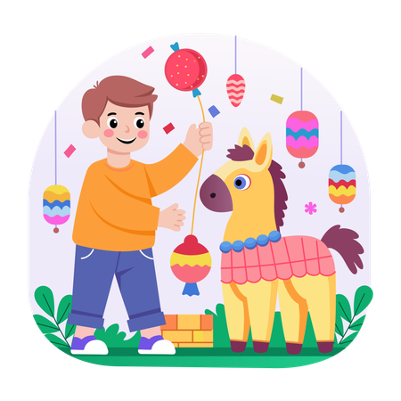 Junge spielt mit Pferde-Piñata  Illustration