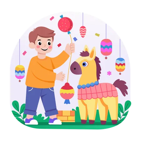 Junge spielt mit Pferde-Piñata  Illustration