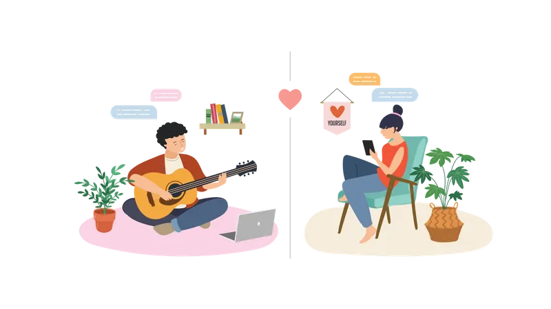 Junge spielt per Videoanruf Gitarre für seine Freundin  Illustration