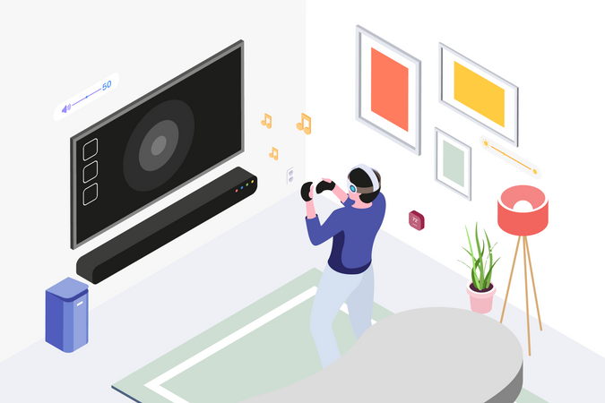 Junge spielt Videospiel mit VR-Playstation im Wohnzimmer  Illustration