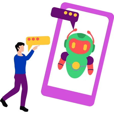 Junge spricht mit Roboter auf dem Handy  Illustration