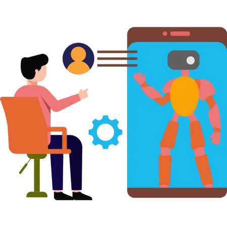 Junge spricht mit Roboter auf dem Handy  Illustration