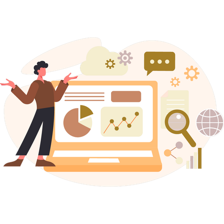 Junge spricht über Analyse-Kreisdiagramm  Illustration