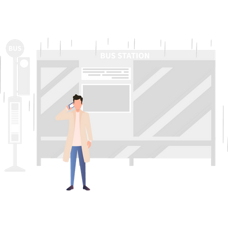 Junge steht an Bushaltestelle und telefoniert mit Handy  Illustration