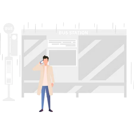 Junge steht an Bushaltestelle und telefoniert mit Handy  Illustration