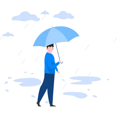 Junge steht im Regen mit Regenschirm  Illustration