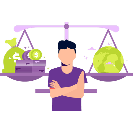 Junge steht in der Nähe einer Geschäftswaage  Illustration