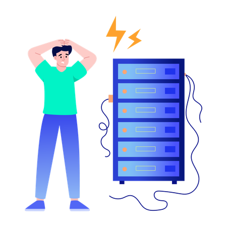 Junge steht vor Serverausfall  Illustration
