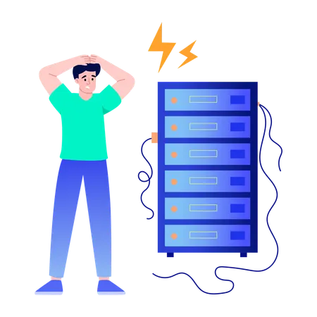 Junge steht vor Serverausfall  Illustration