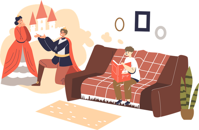 Junge stellt sich beim Lesen eines Romans ein Märchen vor  Illustration