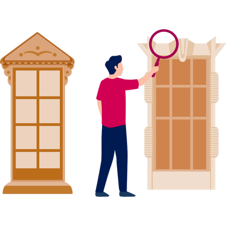 Junge sucht mit Lupe nach Riss im Fenster  Illustration