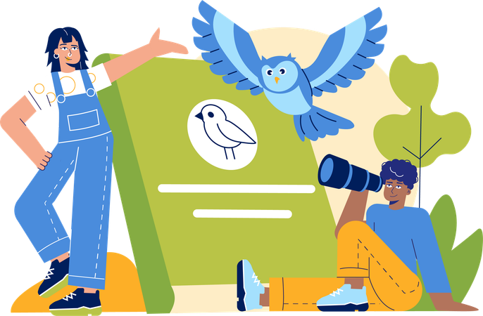 Junge sucht Vogel mit Teleskop  Illustration