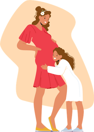 Junge Tochter hält zärtlich den Bauch ihrer werdenden Mutter mit einem Ausdruck der Freude und Zuneigung im Gesicht  Illustration