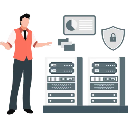 Junge überprüft Datenbanksicherheit  Illustration