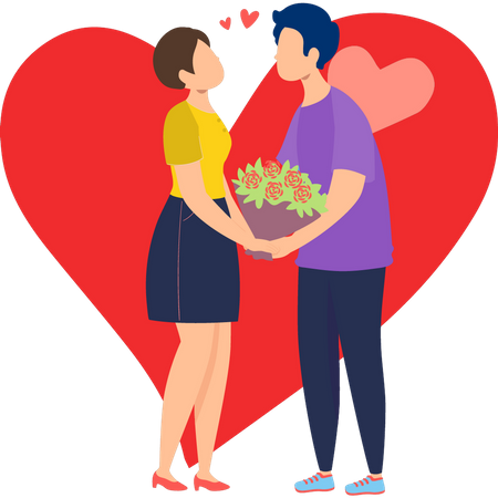 Junge gibt Blumenstrauß an Mädchen am Valentinstag  Illustration