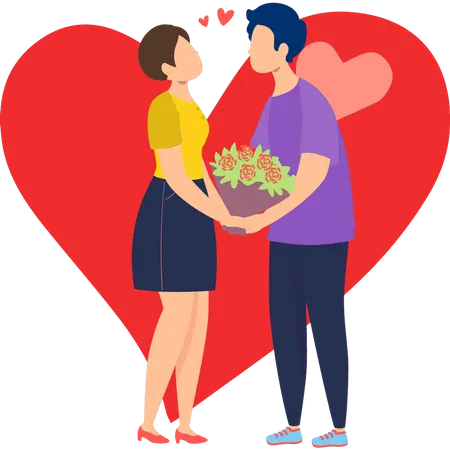 Junge gibt Blumenstrauß an Mädchen am Valentinstag  Illustration