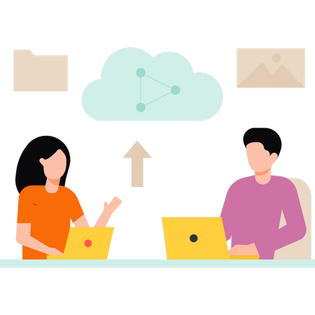 Junge und Mädchen arbeiten an Cloud-Sharing  Illustration