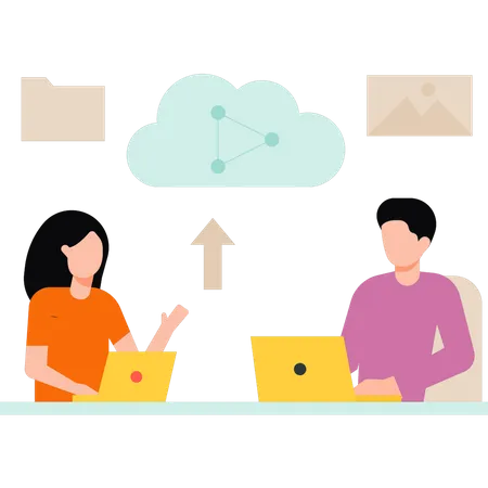 Junge und Mädchen arbeiten an Cloud-Sharing  Illustration