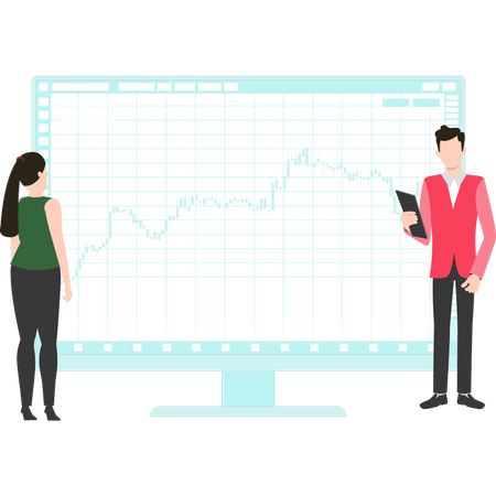 Junge und Mädchen arbeiten an Börsendiagrammen  Illustration