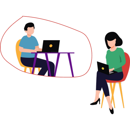 Junge und Mädchen arbeiten an ihrem Laptop  Illustration