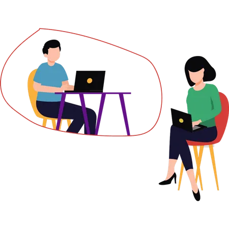 Junge und Mädchen arbeiten an ihrem Laptop  Illustration