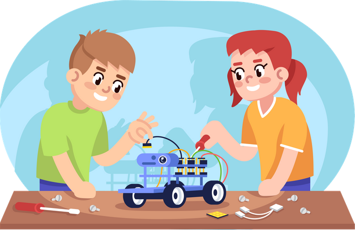 Junge und Mädchen montieren Roboterauto  Illustration